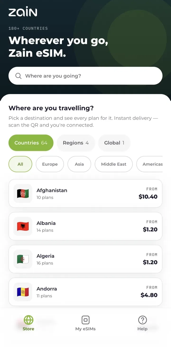 eSIM storefront — destination search