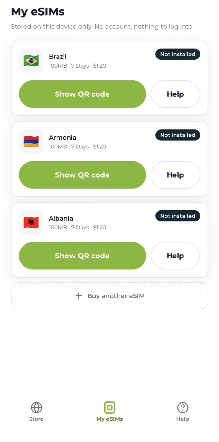 eSIM storefront — plan selection